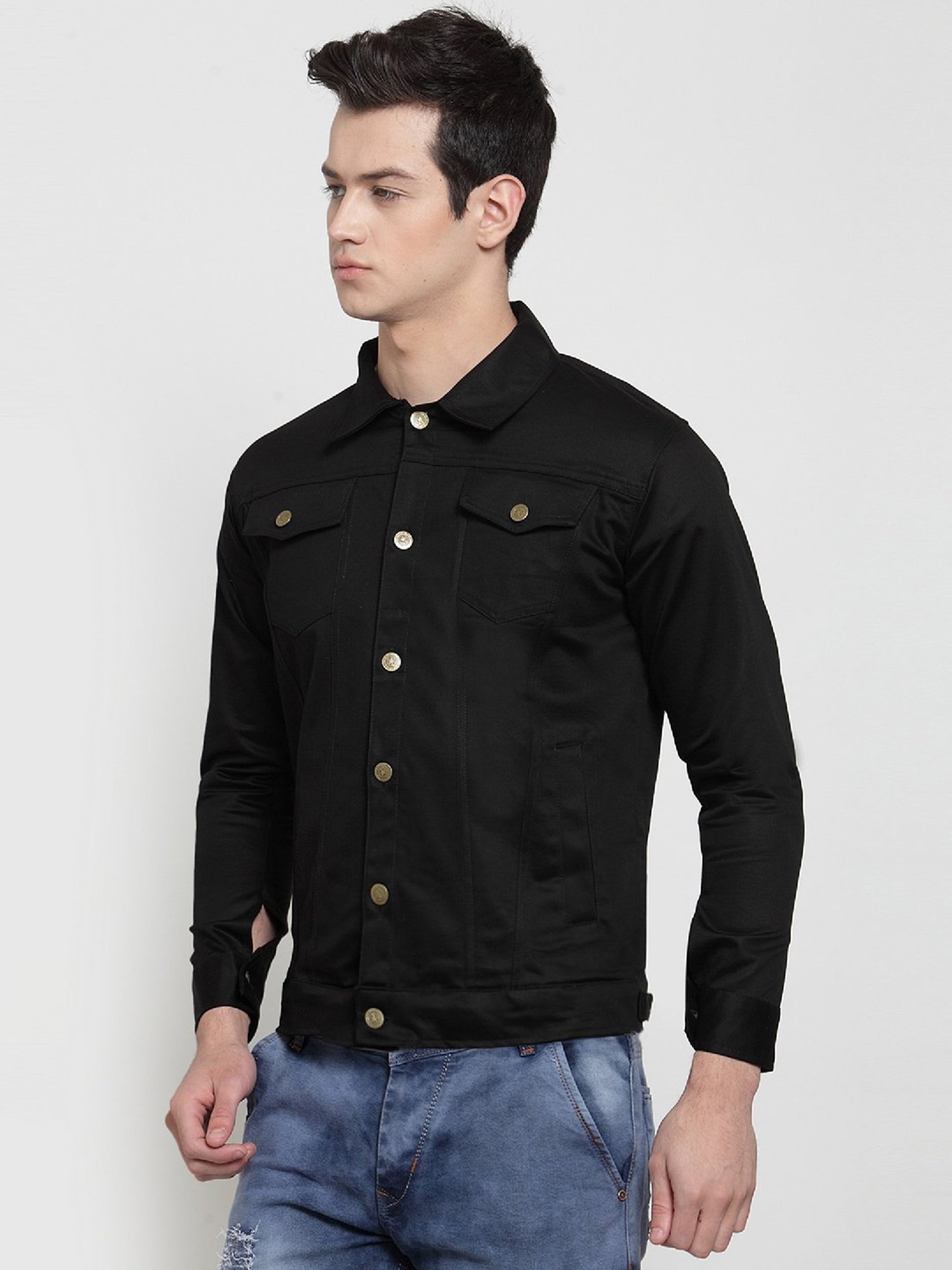VOXATI Black Full Sleeves Shirt Collar Denim Jacket