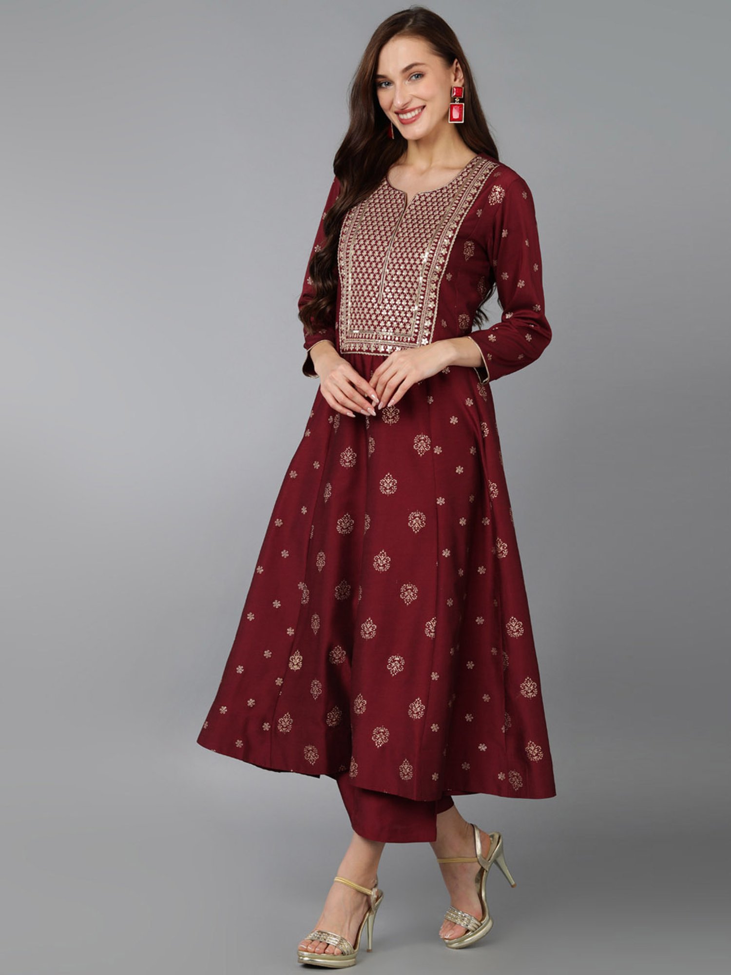 Vaamsi Maroon Embroidered Kurta Palazzo Set With Dupatta