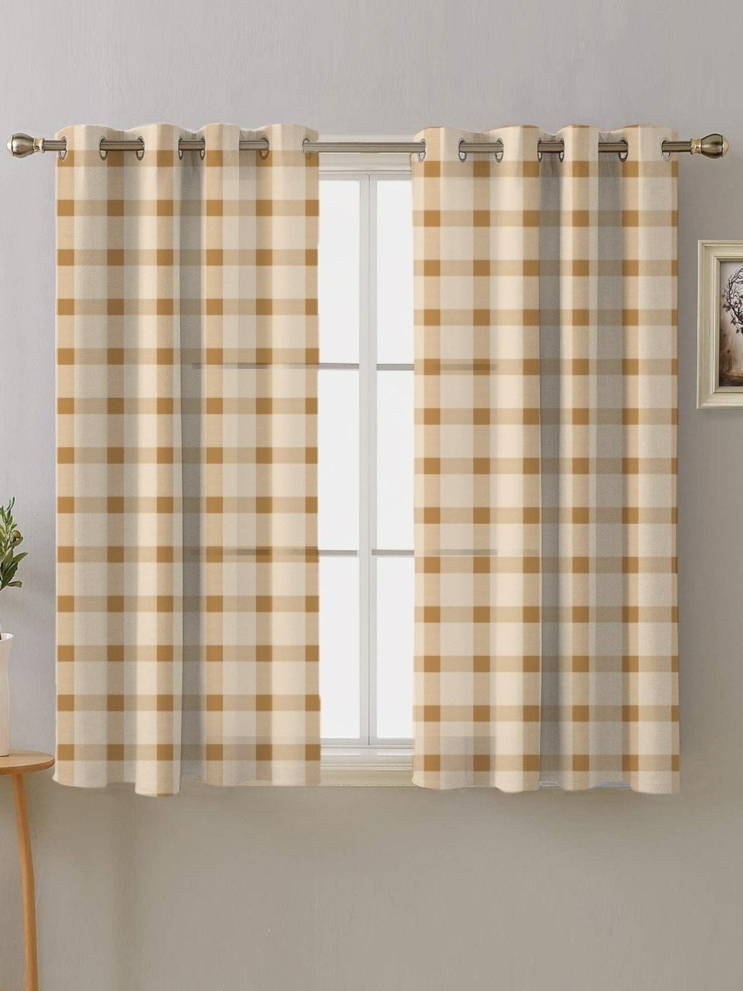 SPACES DRAPE STORY Boho Checks Beige Polyester 5 ft Window Curtains - Set of 2