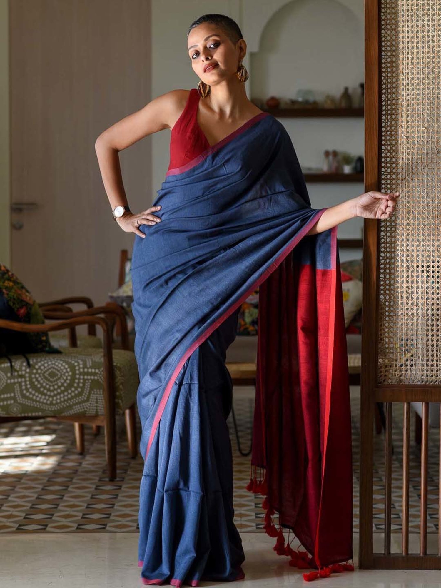 Suta Blue & Red Woven Saree
