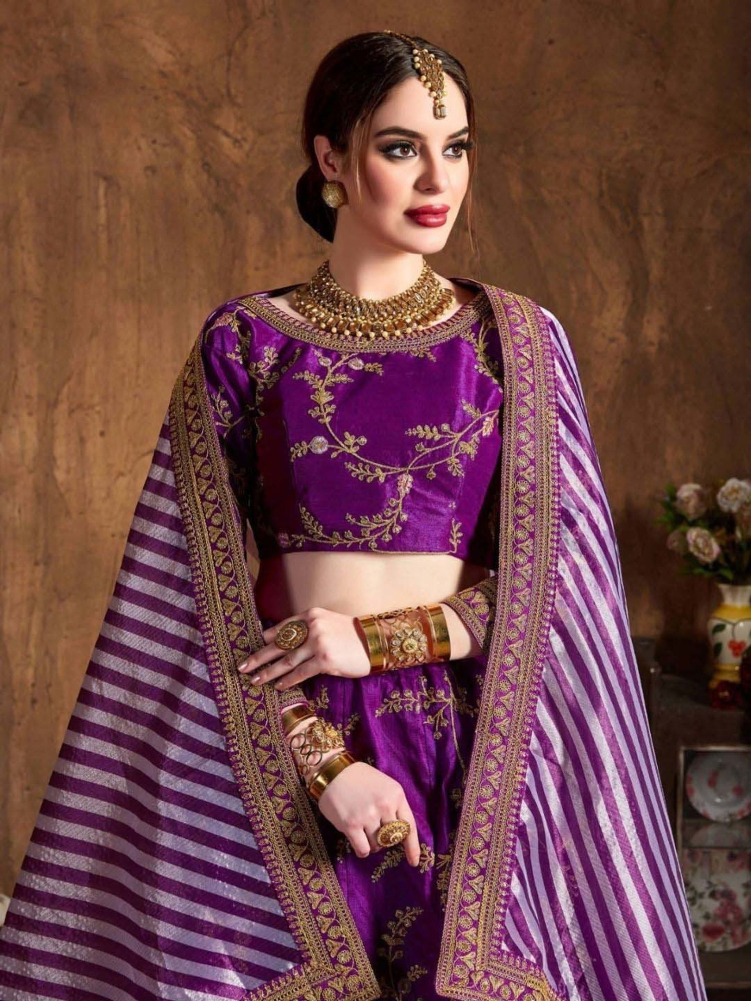 Odette Purple Embroidered Lehenga Choli Set With Dupatta