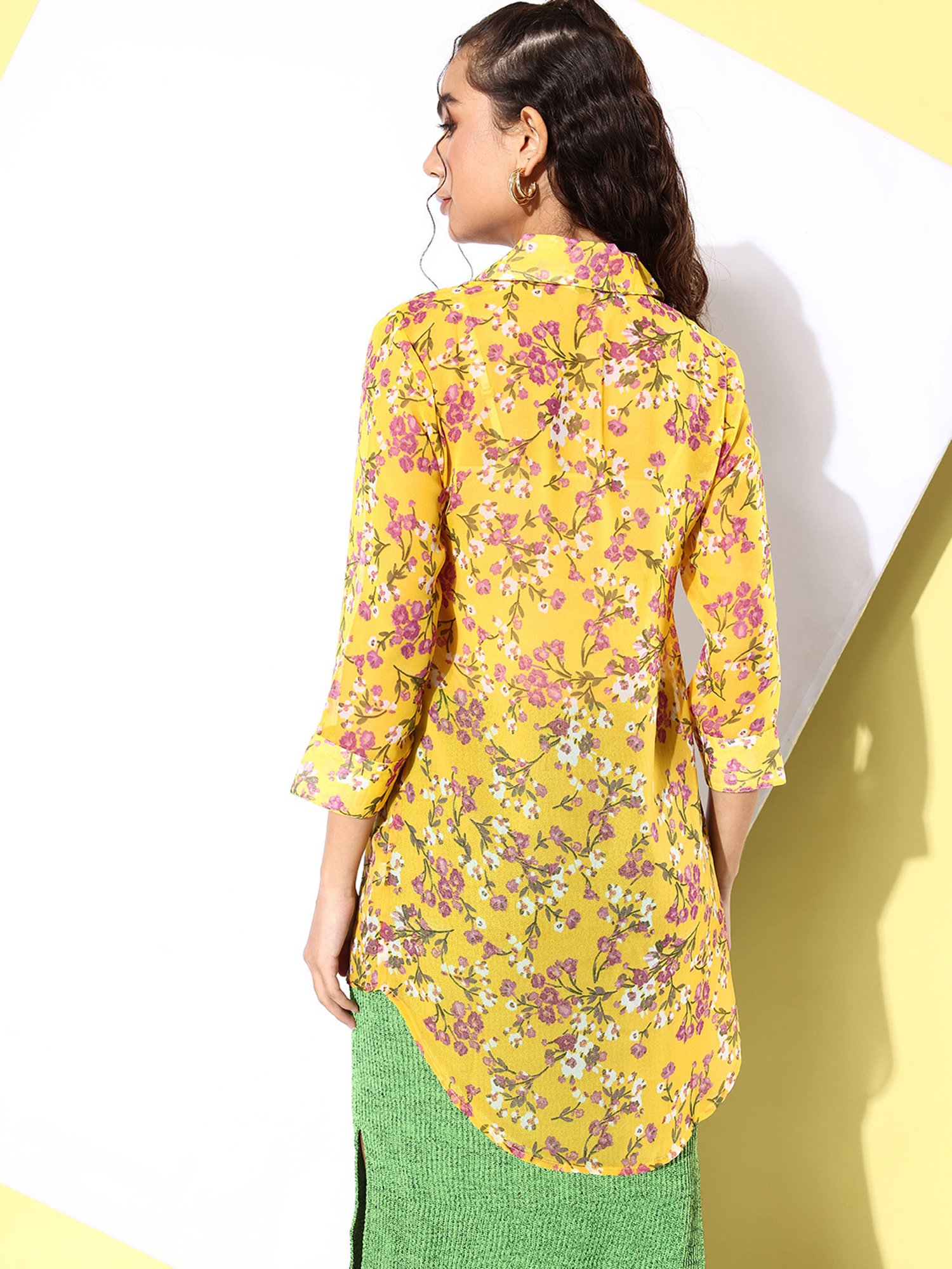 Anvi Be Yourself Yellow Floral Print Sheer Shirt