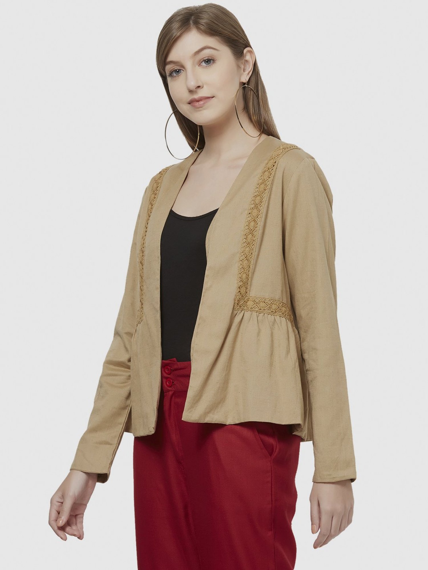 Fusion Beats Beige Cotton Embroidered Shrug