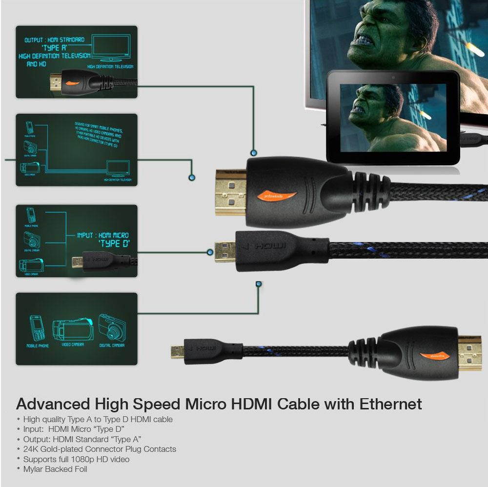 Super Speed Micro HDMI to HDMI cable with Ethernet (10Feet)- 3D,4K Supported NEW