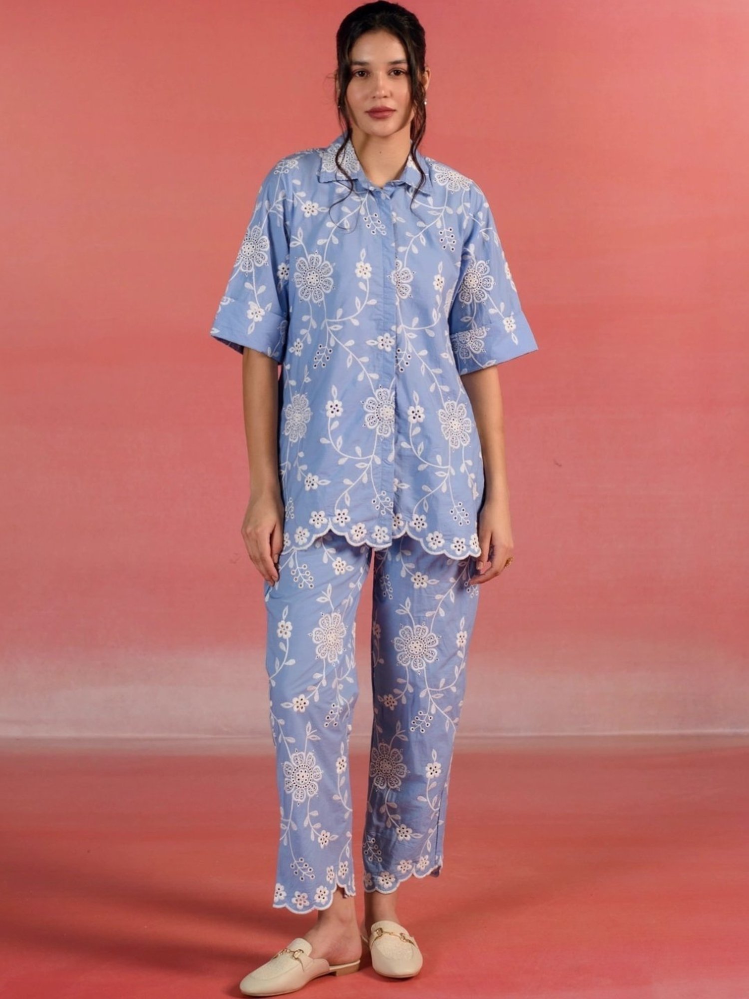 Kameez by Pooja Blue Floral Embroidered Poplin Shirt with Pant Co-ord Set