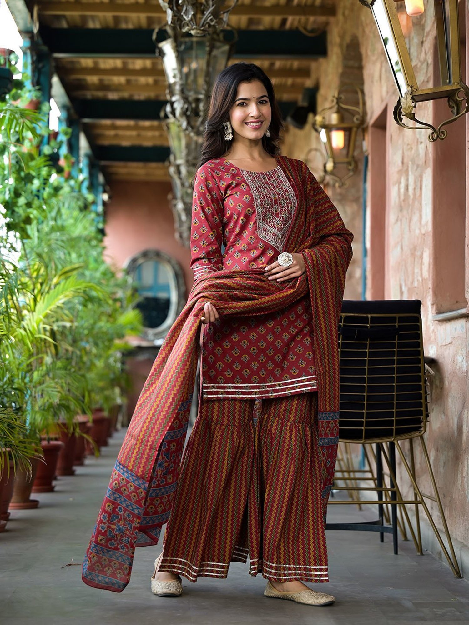 Yufta Rust Embroidered Kurta With Sharara & Dupatta