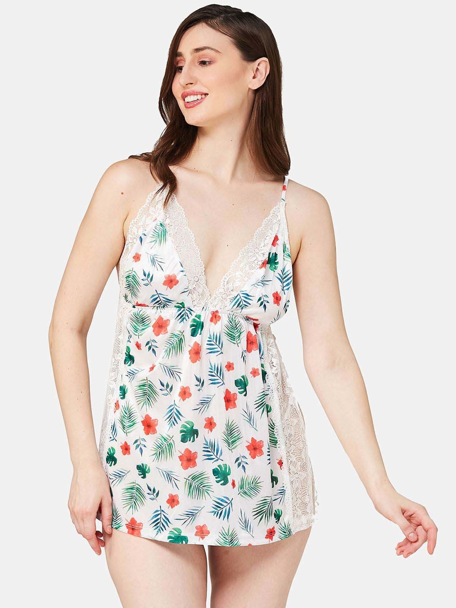 Secrets By ZeroKaata White Printed Babydoll With Panty