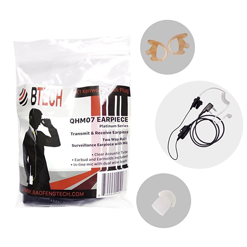 QHM07 Premium Noise Cancelling Earpiece with in-line PTT & Microphone (Includes Earmolds and Earbud) with Clear Acoustic Coil Tube for BaoFeng, , Kenwood Radios (1 Pack) &ndash; Platinum Series