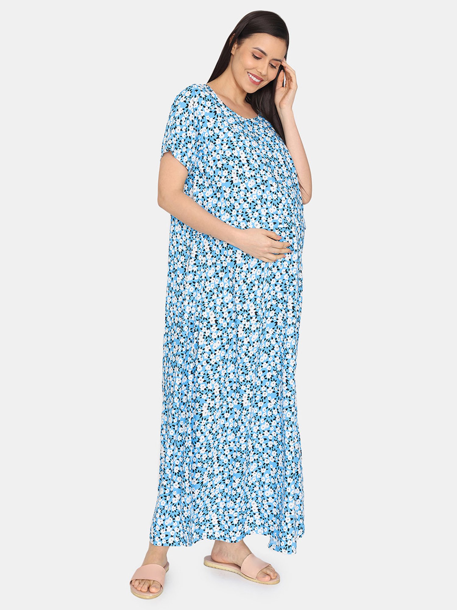 Coucou by Zivame Blue & White Printed Maternity Nighty
