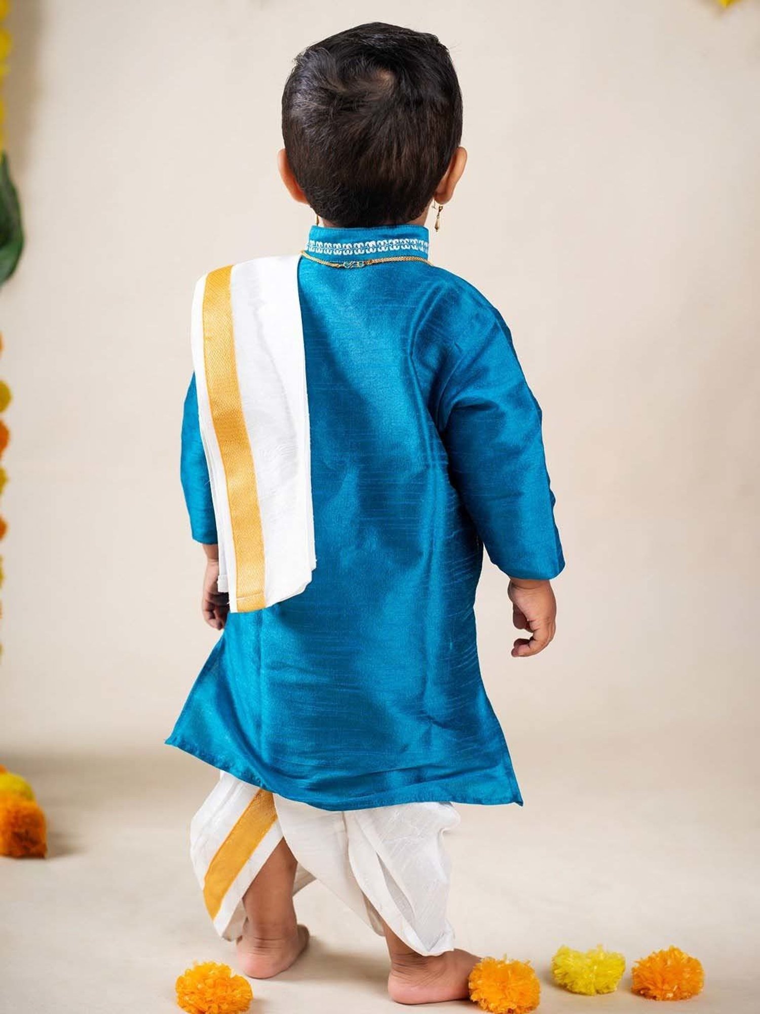 Baby Moo Kids Turquoise Blue & White Regular Fit Full Sleeves Kurta Set