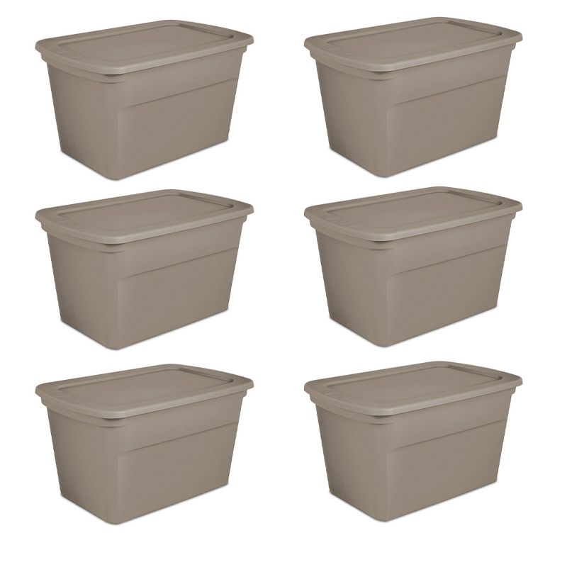 Sterilite 30 Gallon Plastic Stackable Storage Tote Container Box, Taupe (6 Pack)