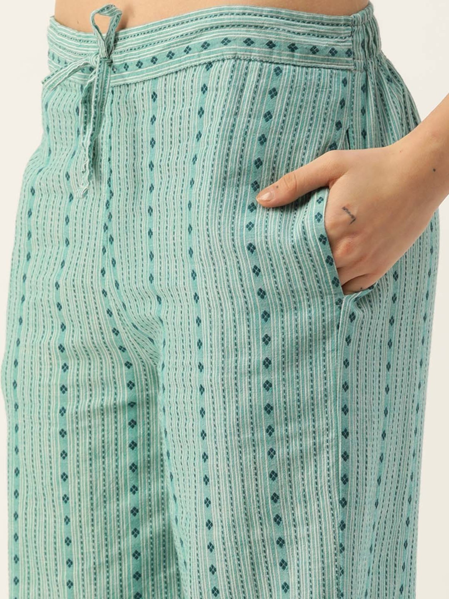 Clt.s Green Cotton Striped Kurti Palazzo Set