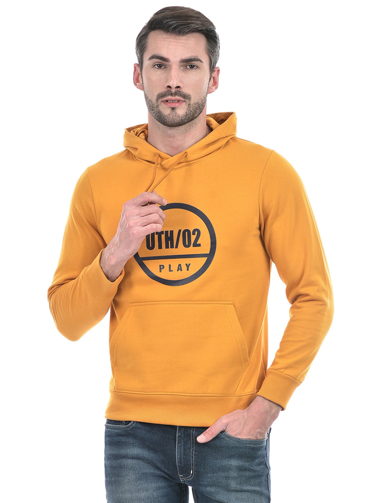 Integriti Mustard Regular Fit Printed Hooded Sweatshirt