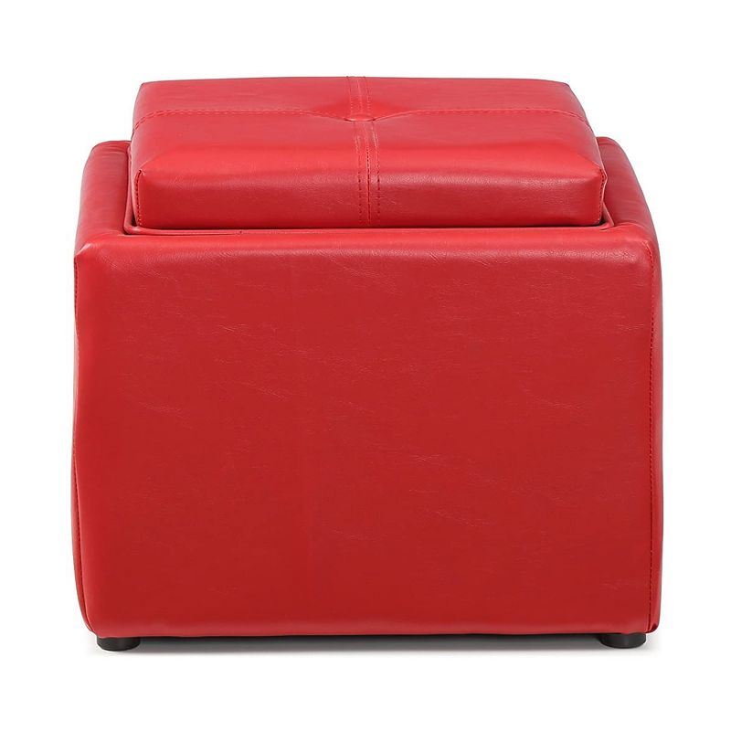 Hodedah 16 Inch Cubed Faux Leather Home Stylish Ottoman with Small Storage for Blankets or Books and Flip Over Serving Table Tray, Red