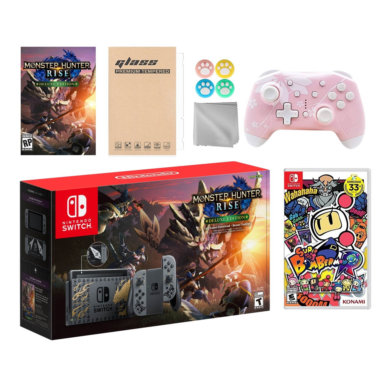 Nintendo Switch Monster Hunter Limited Console Set Plus Monster Hunter Rise Deluxe Edition, Bundle With Super Bomberman R And Mytrix Wireless Switch Pro Controller and Accessories