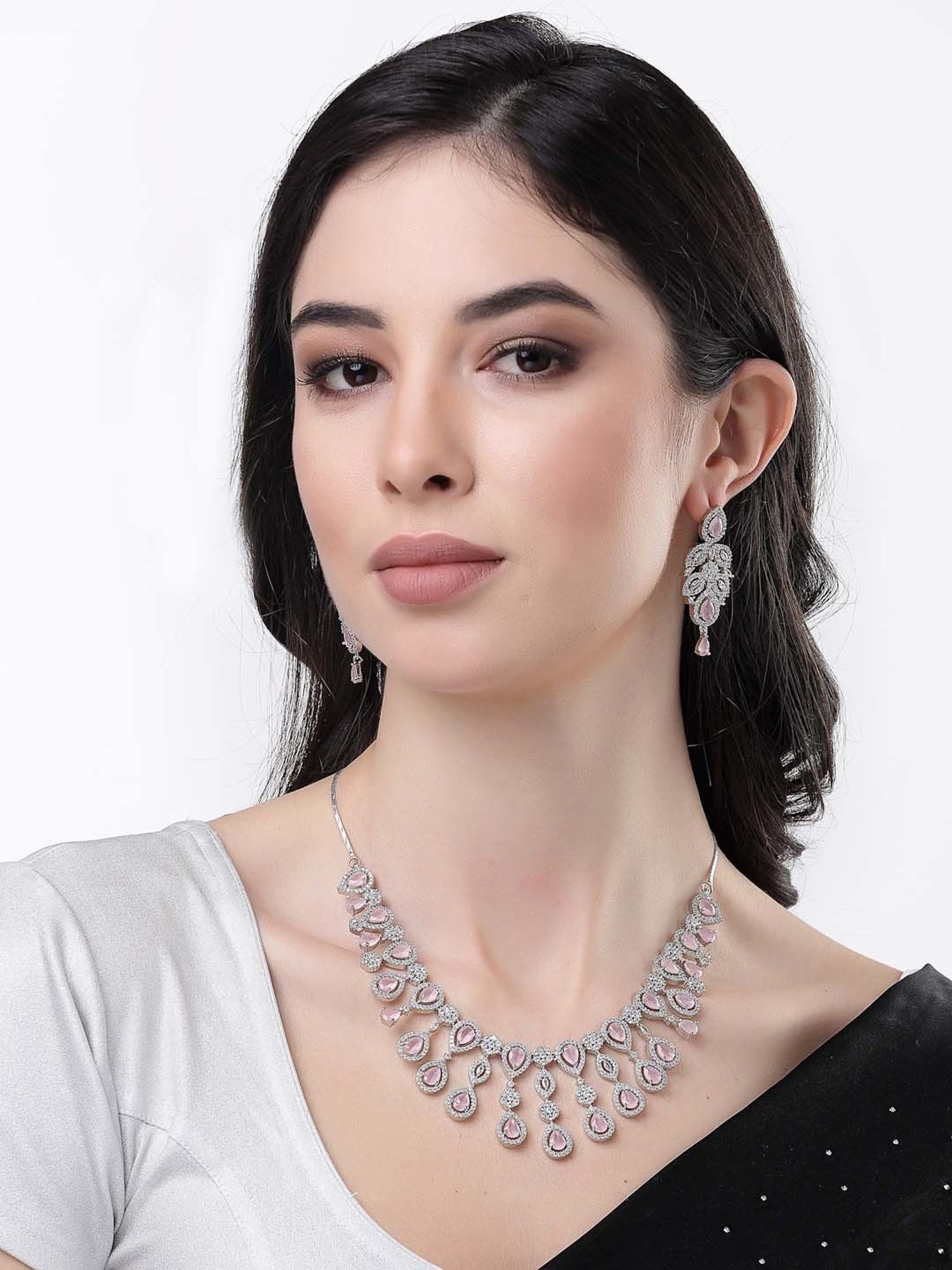 NVR Silver Plated & Pink CZ Stone Handcrafted Jewellery Set For Women