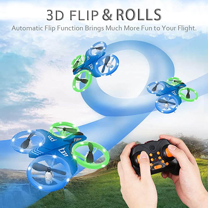 Mini Drone Crash Proof RC Quadcopter with LED Night Lights One Key Take Off Flips Rolls Nano Drones Toys for Kids Children Beginners Boys and Girls 2pcs Batteries
