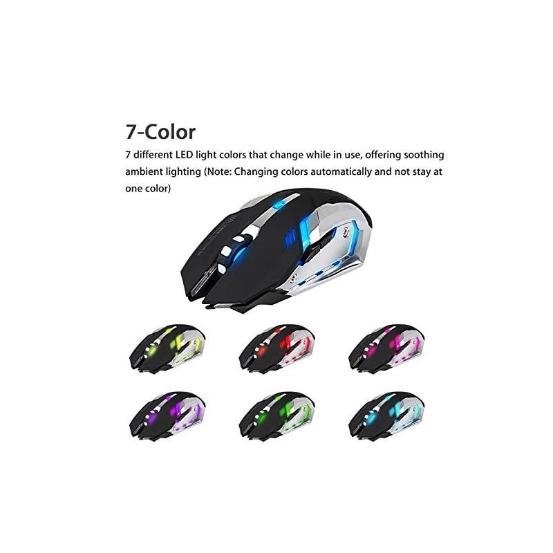 Wireless Optical Gaming Mouse w/USB Receiver, 7 Color Changing Wireless Laptop Mouse, Rechargeable Game Mice with 4 Adjustable CPI Levels for PC, Laptop, Computer, Gaming Players