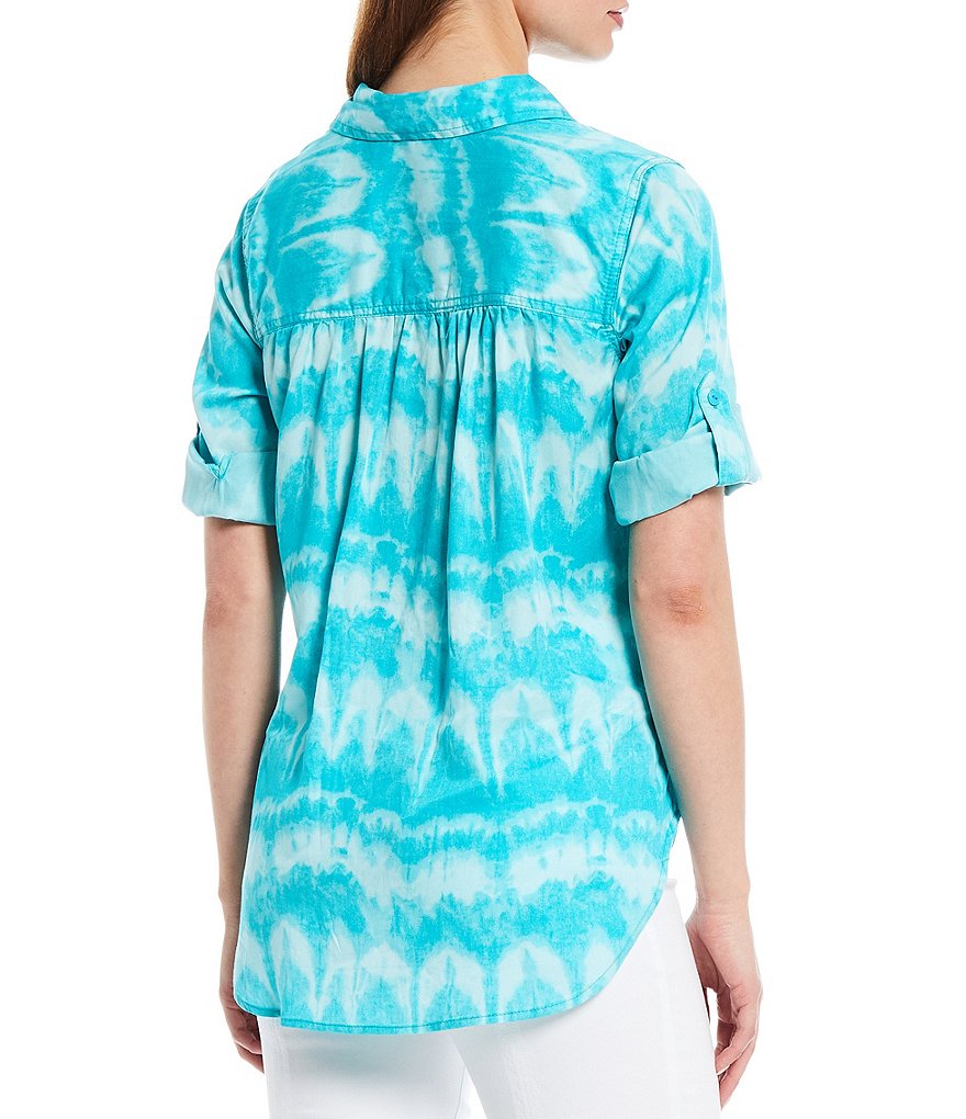 Intro Tie Dye Print 1/2 Button Front Placket Roll-Tab Sleeve Hi-Low Tunic