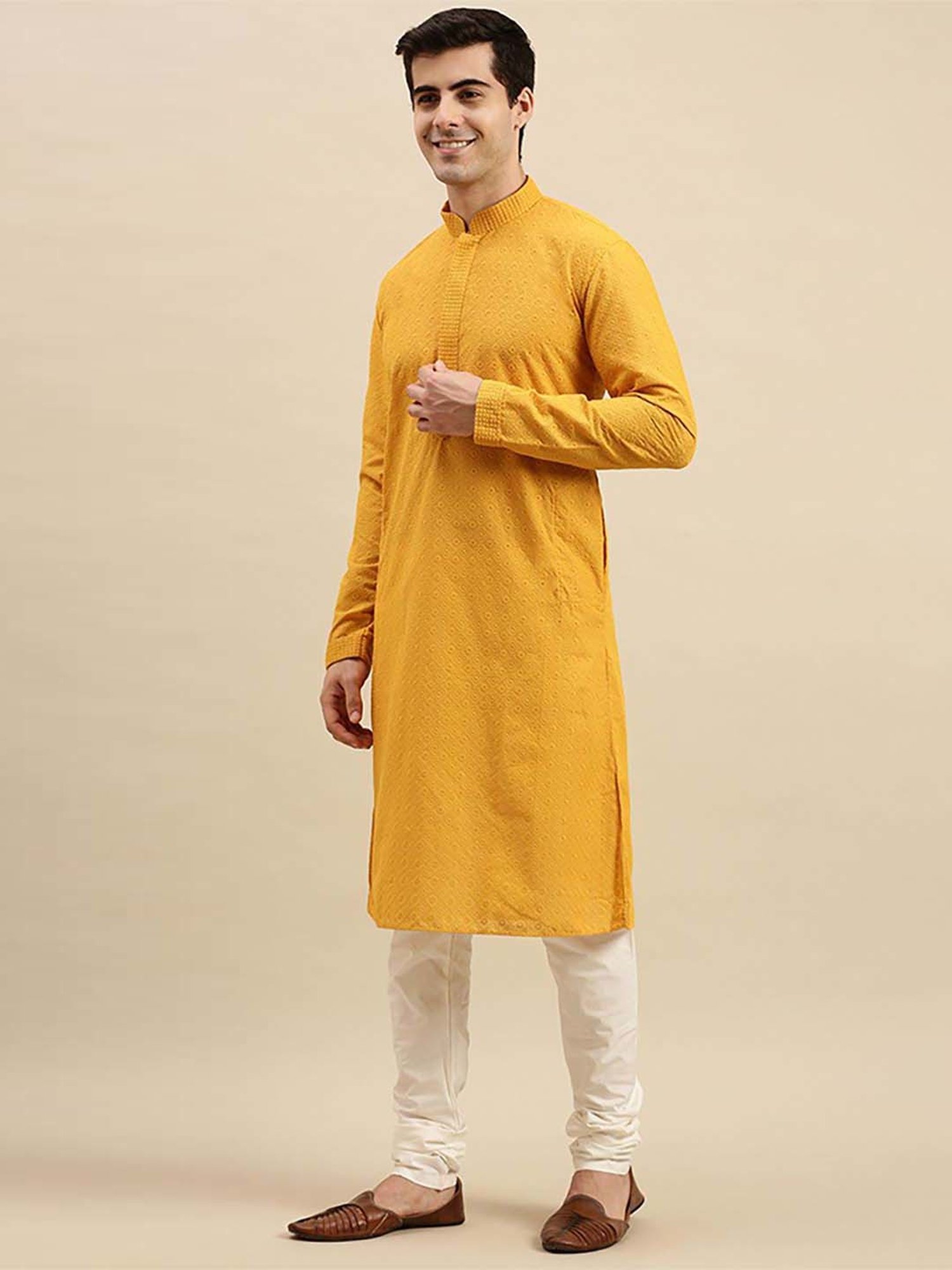 Sanwara Mustard Yellow & White Cotton Regular Fit Chikankari Kurta Bottom Sets
