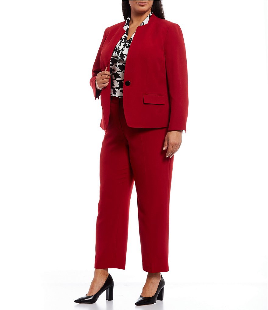 Kasper Plus Size Stretch Crepe Stand Combo Collar One Button Jacket