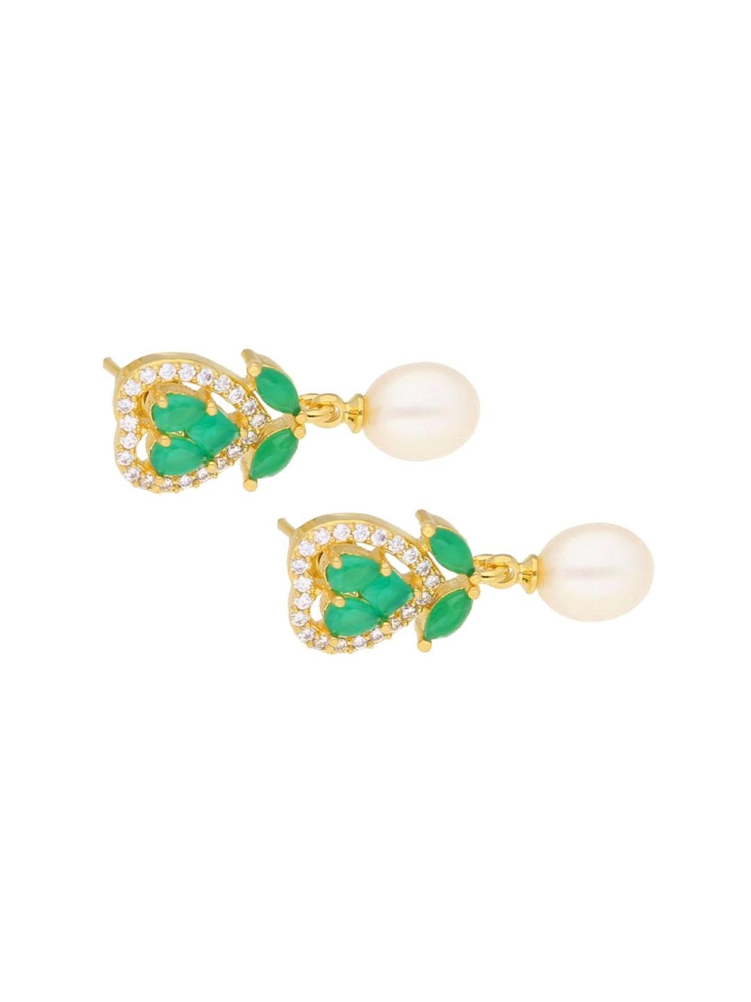 Sri Jagdamba Pearls Theertha Green & Pearl White Alloy Drop Earrings