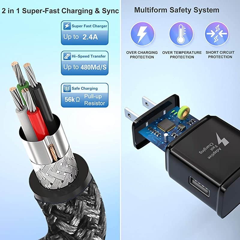 Adaptive Fast Wall Charger Adapter kit with USB TypeC Cable66Ft+10Ft Compatible with Samsung Galaxy S20S10S9S8EdgePlusActive Note 1098c9pro LG G6G5V30V20 Nexus 5X6PBlack