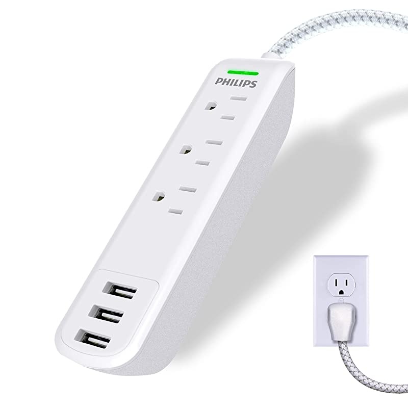 Accessories 3 Outlet 3 USB Surge Protector Extension Cord, 10 Ft Extra-Long Power Cord, Braided Extension Cord, Power Strip, Flat Plug, 300 Joules, ETL Listed, White, SPC6334WE/37