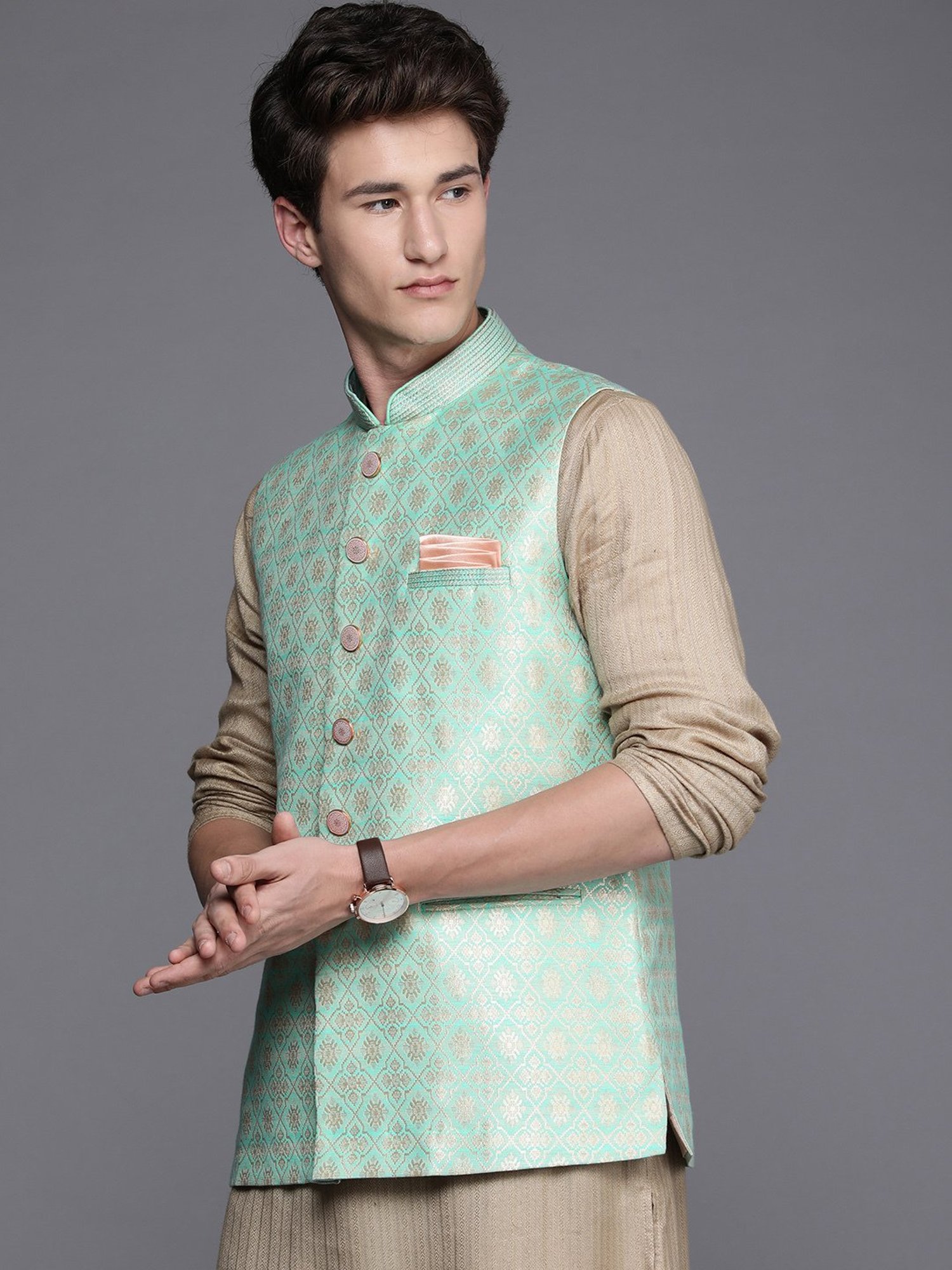 Manyavar Green Regular Fit Self Design Nehru Jacket
