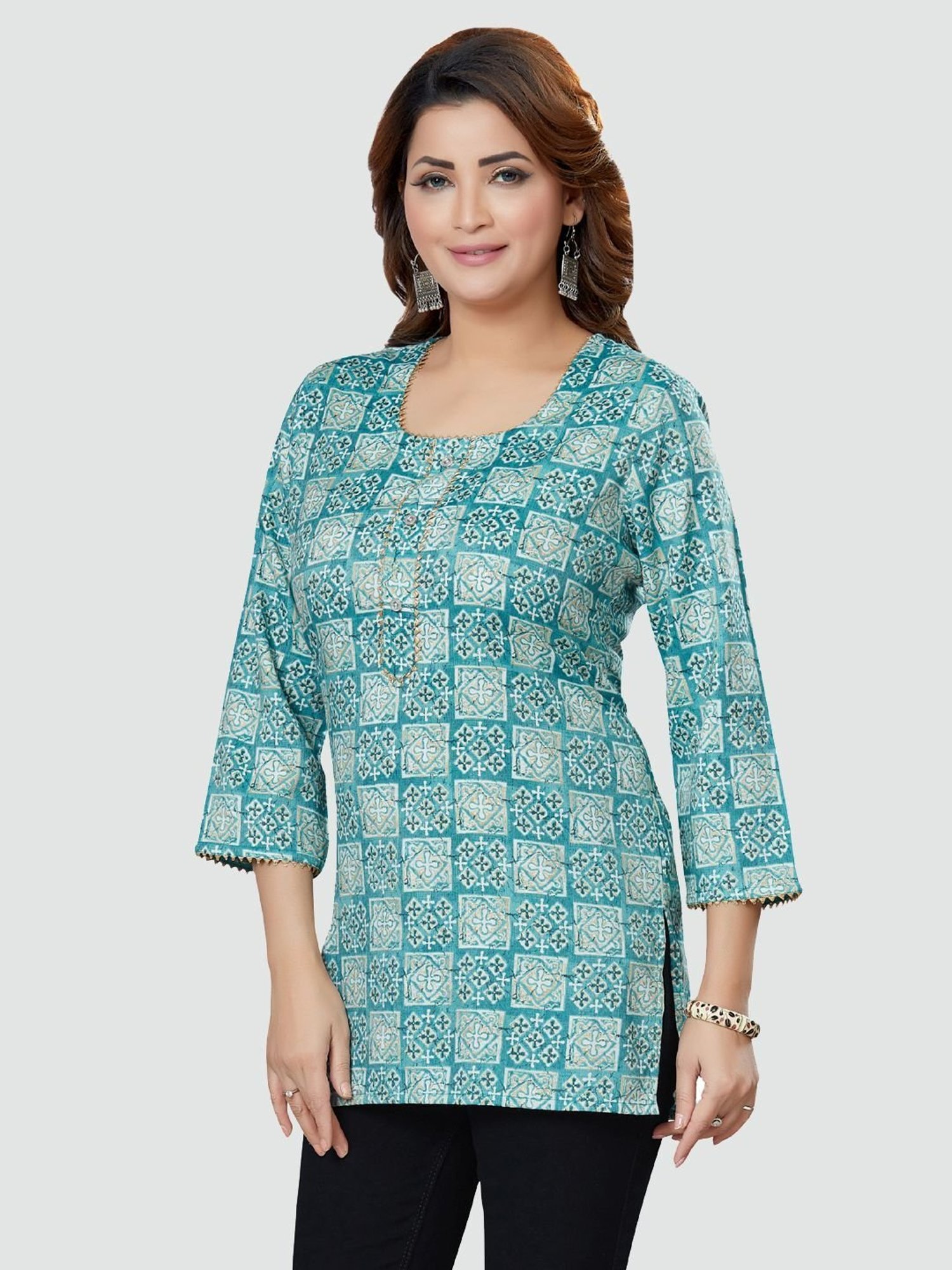 Saree Swarg Teal Blue Printed Tunic