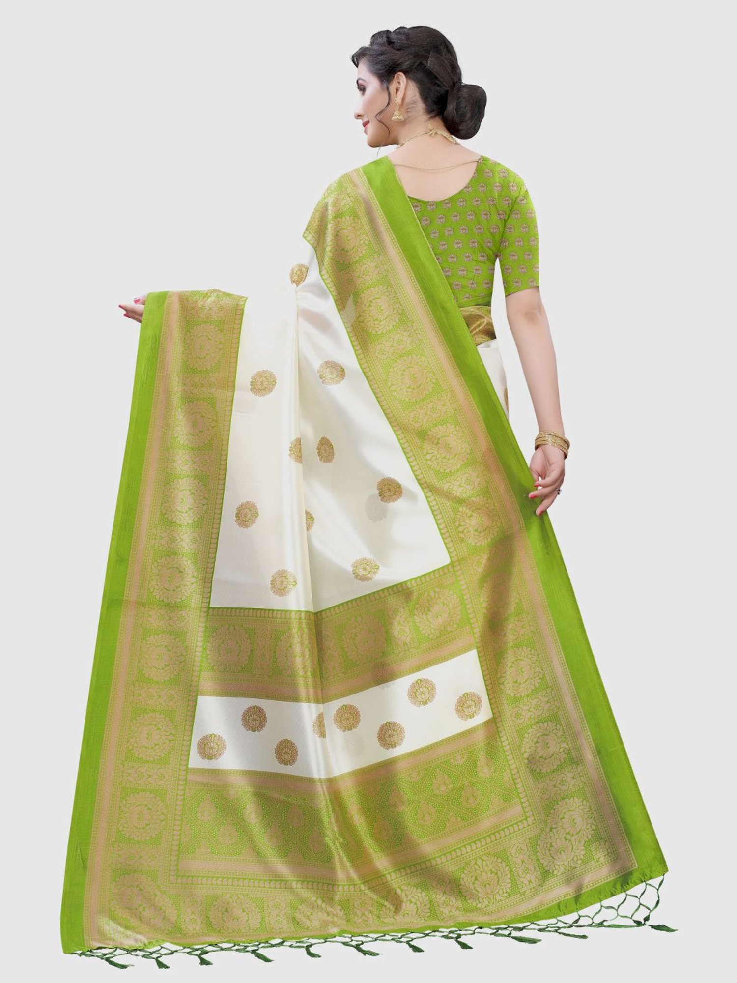 KSUT White & Green Woven Saree With Unstitched Blouse