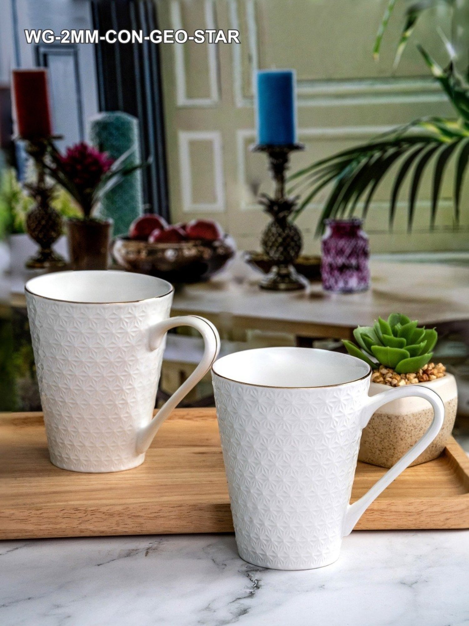 White Gold White Porcelain Emboss Coffee Mug - Set of 2