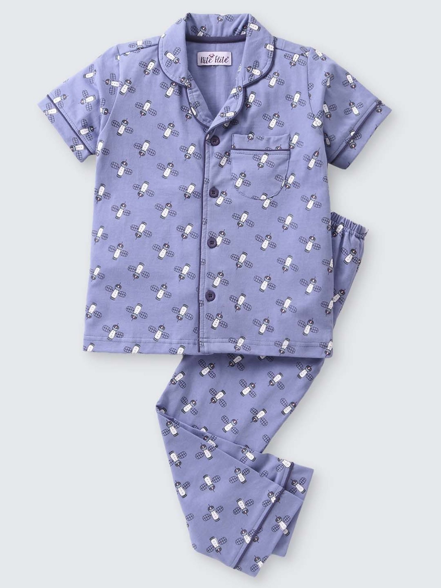 Nite Flite Boys Blue Cotton Printed Shirt Set