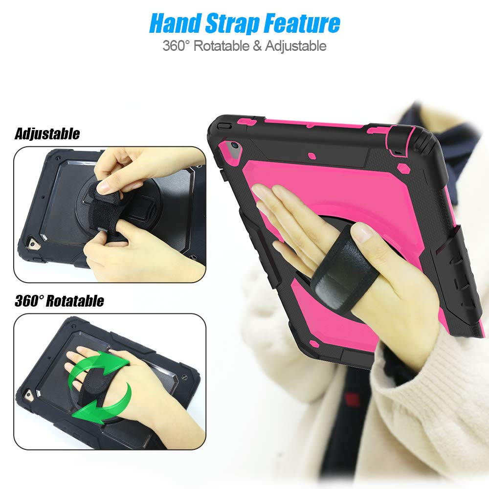 IPad 5th/6th Generation Case,Shockproof, Drop proof, 360 Degree Rotation Kickstand, Hand Strap,Shoulder Strip to Hang in Car Seat.Built-in Screen Protector for New iPad 9.7 2018/2017 Case