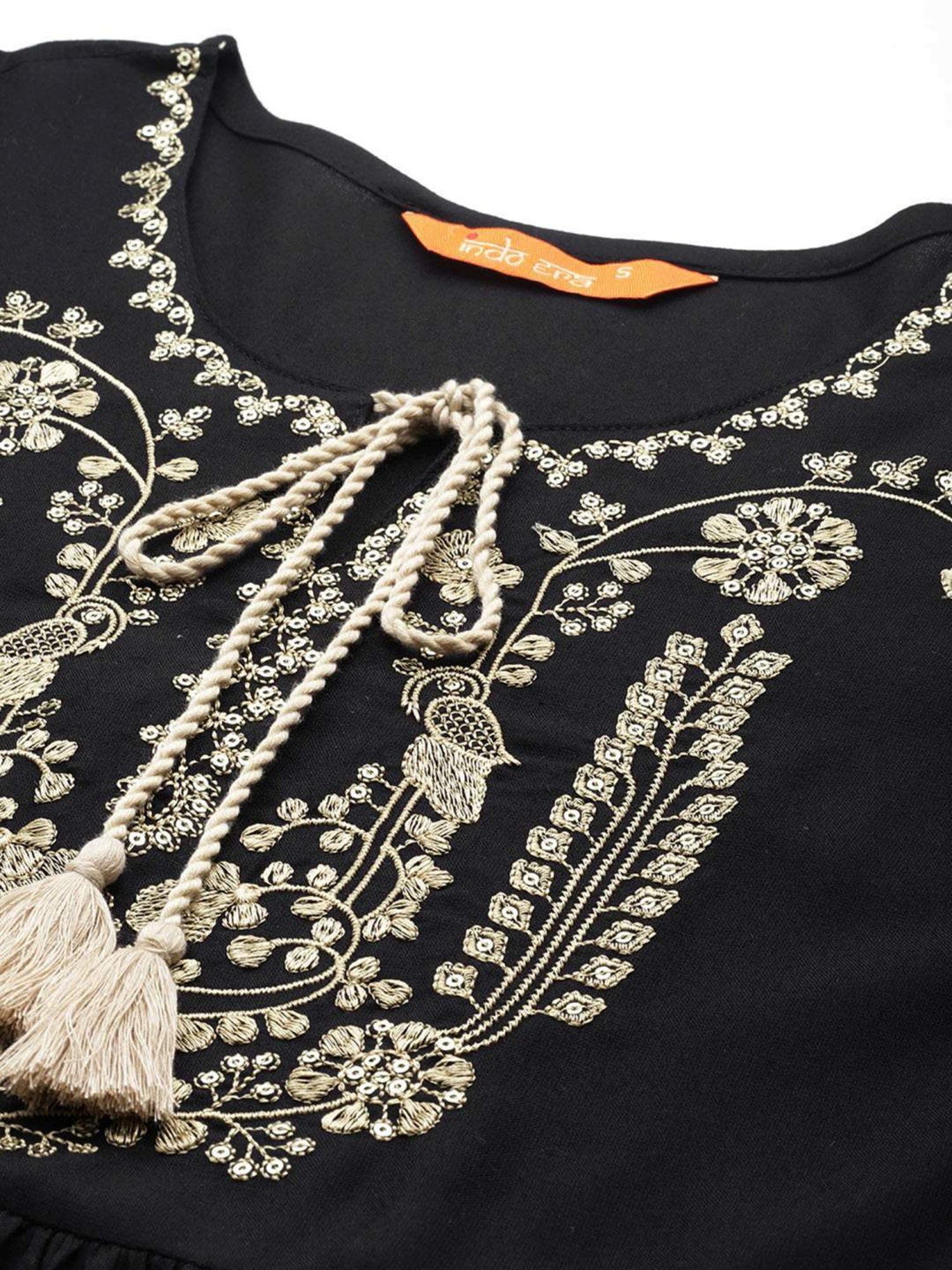 Indo Era Black Embroidered A-Line Dress