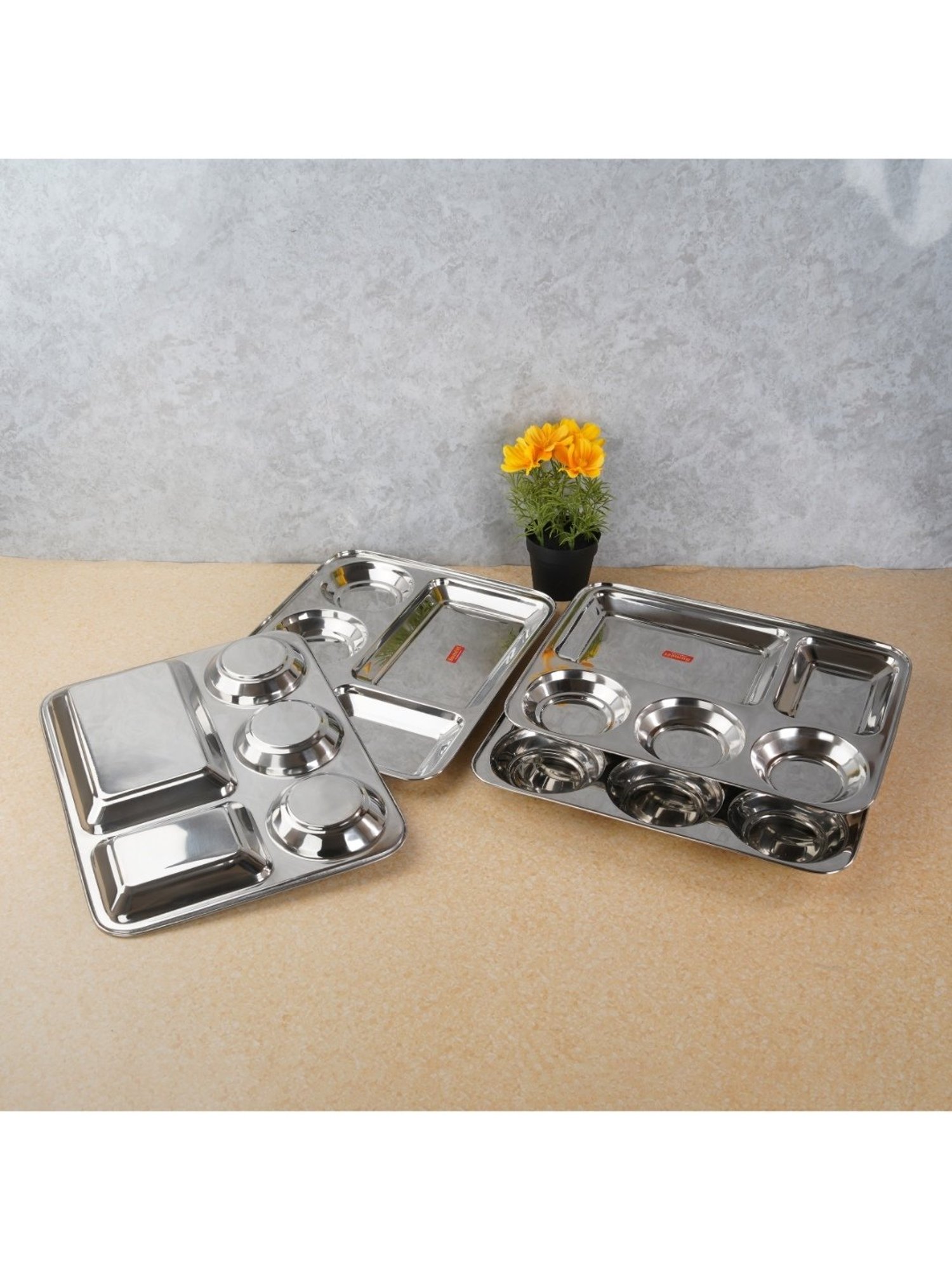 Sumeet S.S. Rectangular 5 in 1 Compartment Lunch/Dinner Plate Set of 4Pcs, 33.5cm Dia, Silver