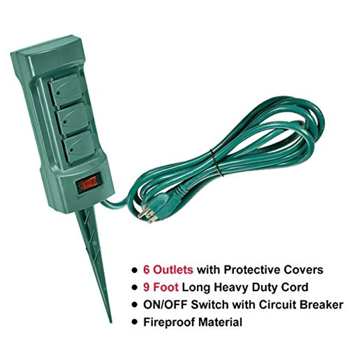 BESTTEN Outdoor Power Strip with Covers and Overload Protection Switch, Double Sided 6-Outlet Yard Power Stake with 9-Foot Long Extension Cord, ETL Certified, Green