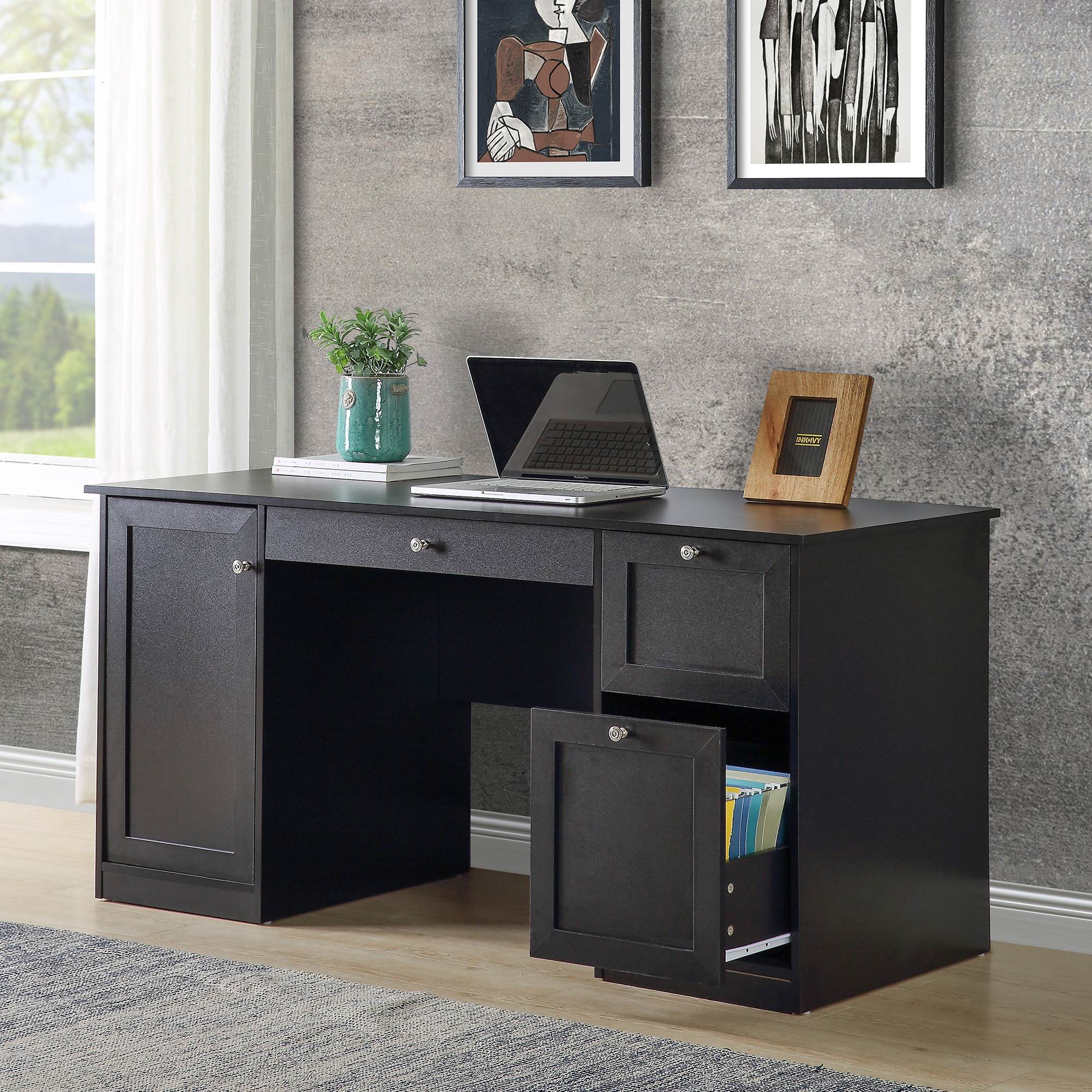 Home Office Computer Desk Gaming Desk Executive Desk with 2 Drawers,Pullout Keyboard and Storage Cabinet