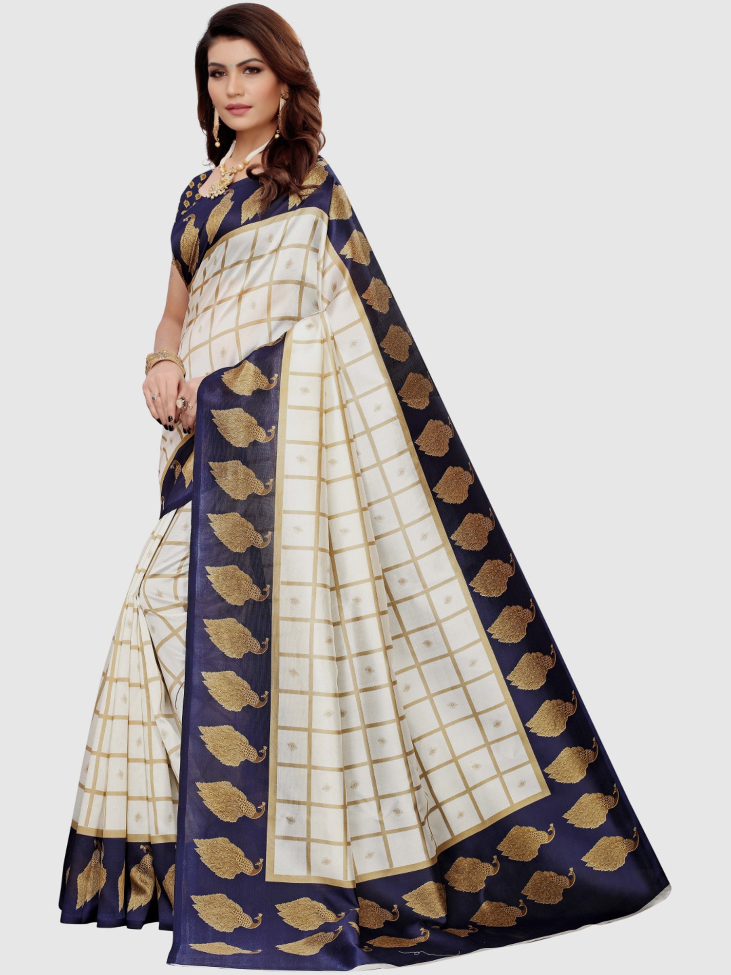 KSUT Off-White & Navy Printed Saree With Blouse