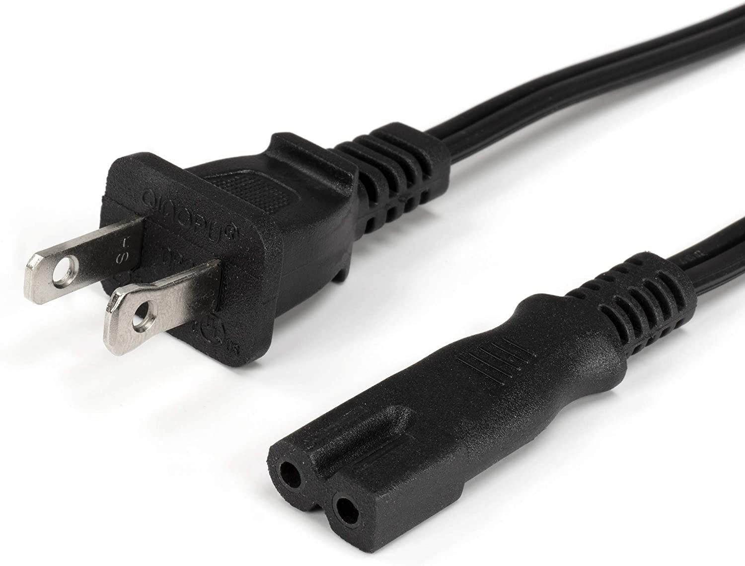 2 Prong Power Cord with Premium Quality Copper Wire Core - Polarized (Square/Round) for Satellite, CATV, Motorola & PS } NEMA 1-15P to C7 / IEC320 - UL Listed - Black, 15ft Power Cable