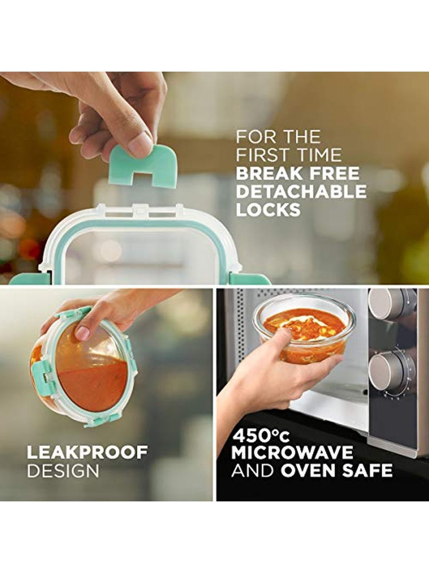 Borosilicate Glass Lunch Box Microwave Oven Safe with Detachable Lock and Chevron Mint Tiffin Bag