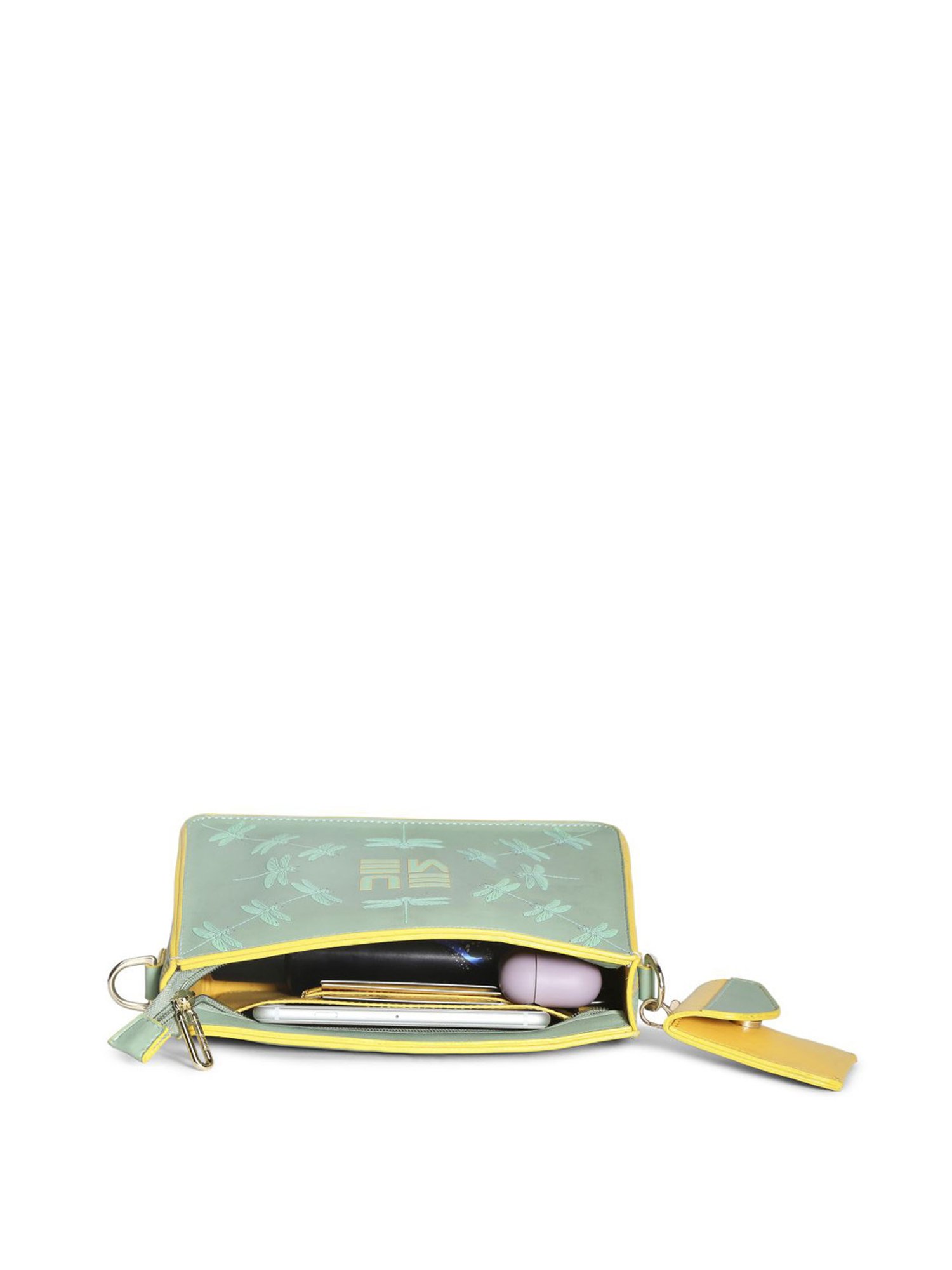 Eume Dragonfly Basil Green Leather Printed Double Sling Handbag with Pouch
