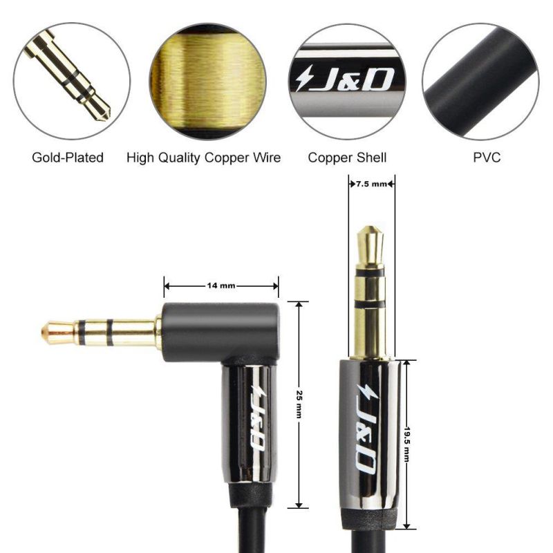 J&D Gold-Plated 3.5mm Stereo Audio Aux Jack to Jack Cable 90 Degree Right Angle for iPhone, iPod, iPad, Samsung Galaxy, LG, Speakers & All Other Devices - 9 Feet