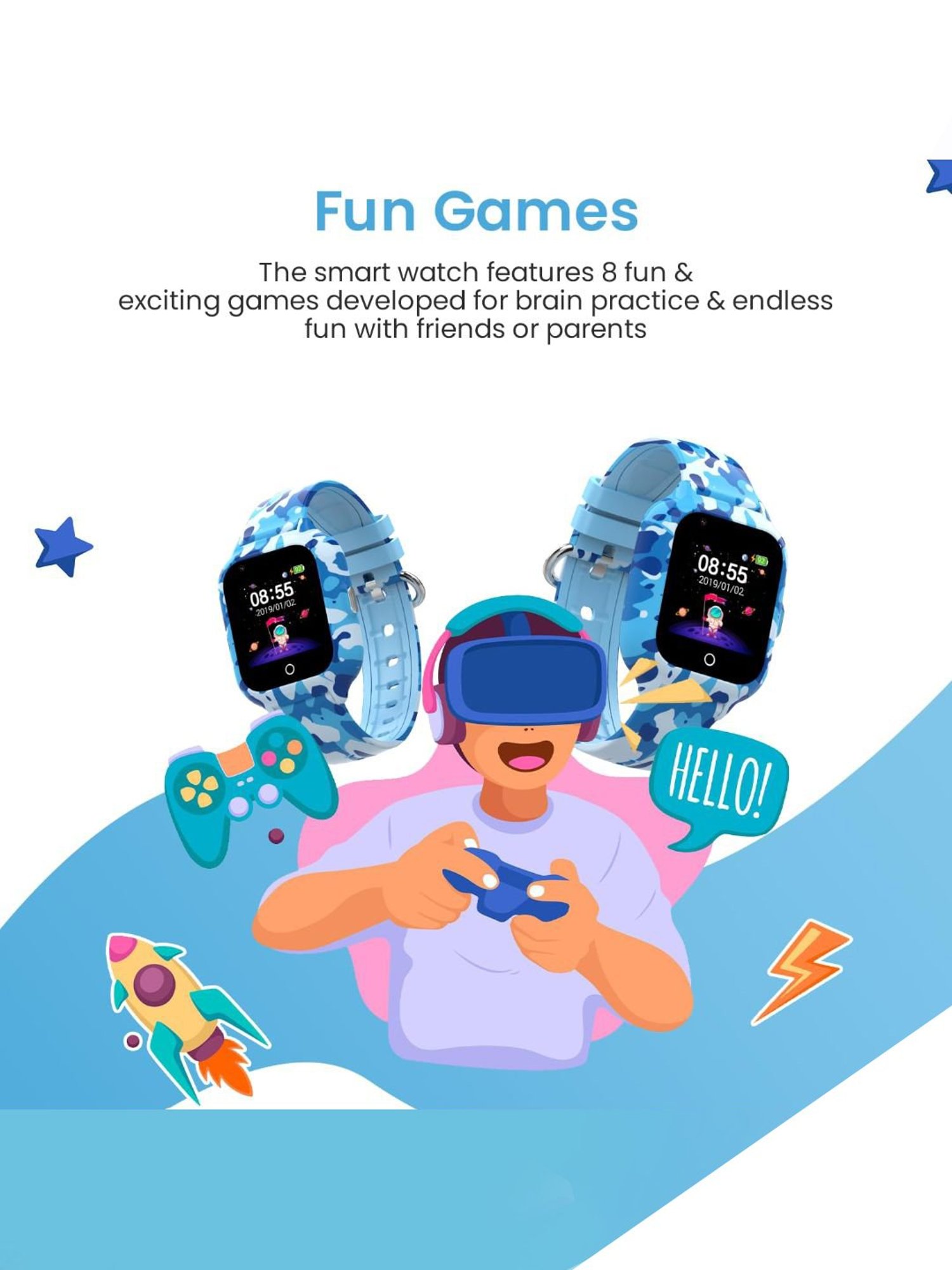 Turet Smartwatch for Kids with Camera, Games, Recorder, Sim Enabled 2-Way Calling (Blue)