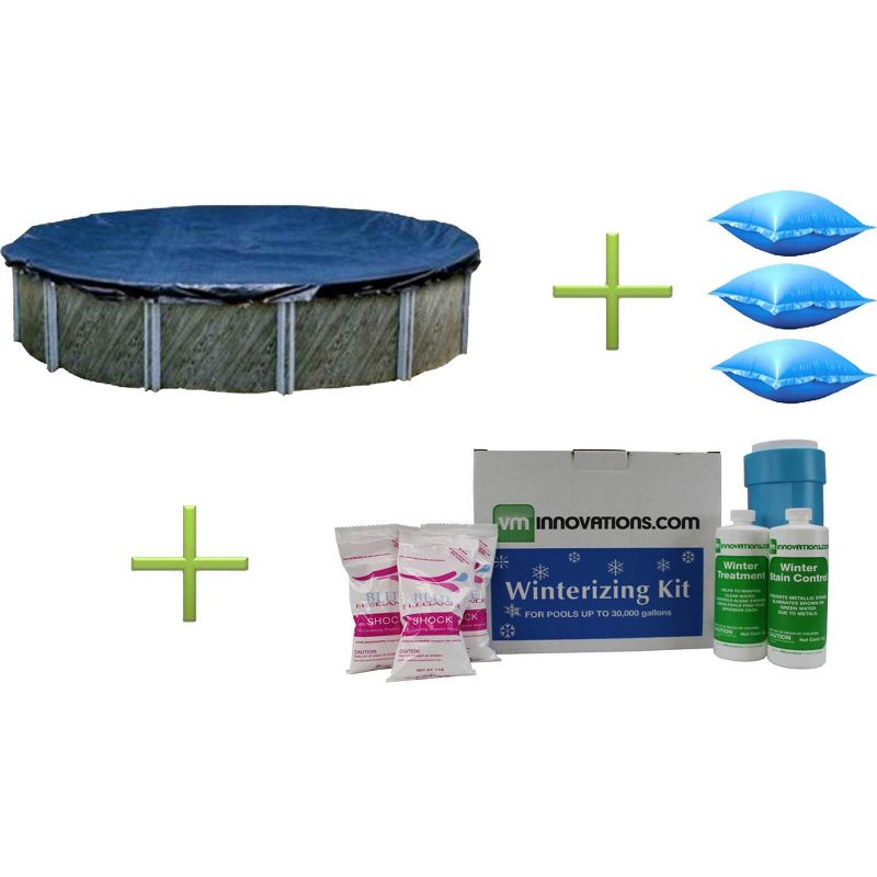 Swimline 30' Round Pool Cover + 3) 4' x 4' Air Closing Pillows + Winterizing Kit