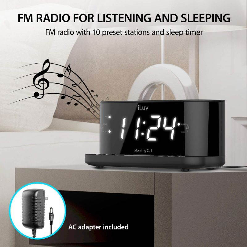 iLuv Wireless Charging Alarm Clock with Qi Certified, 1.2" Jumbo LED Dual alarm Clock , Radio Alarm Clock, FM 10 Preset, USB Charging Alarm Clock, Sleep Timer, 3 Dimmer,100 -240V AC Power