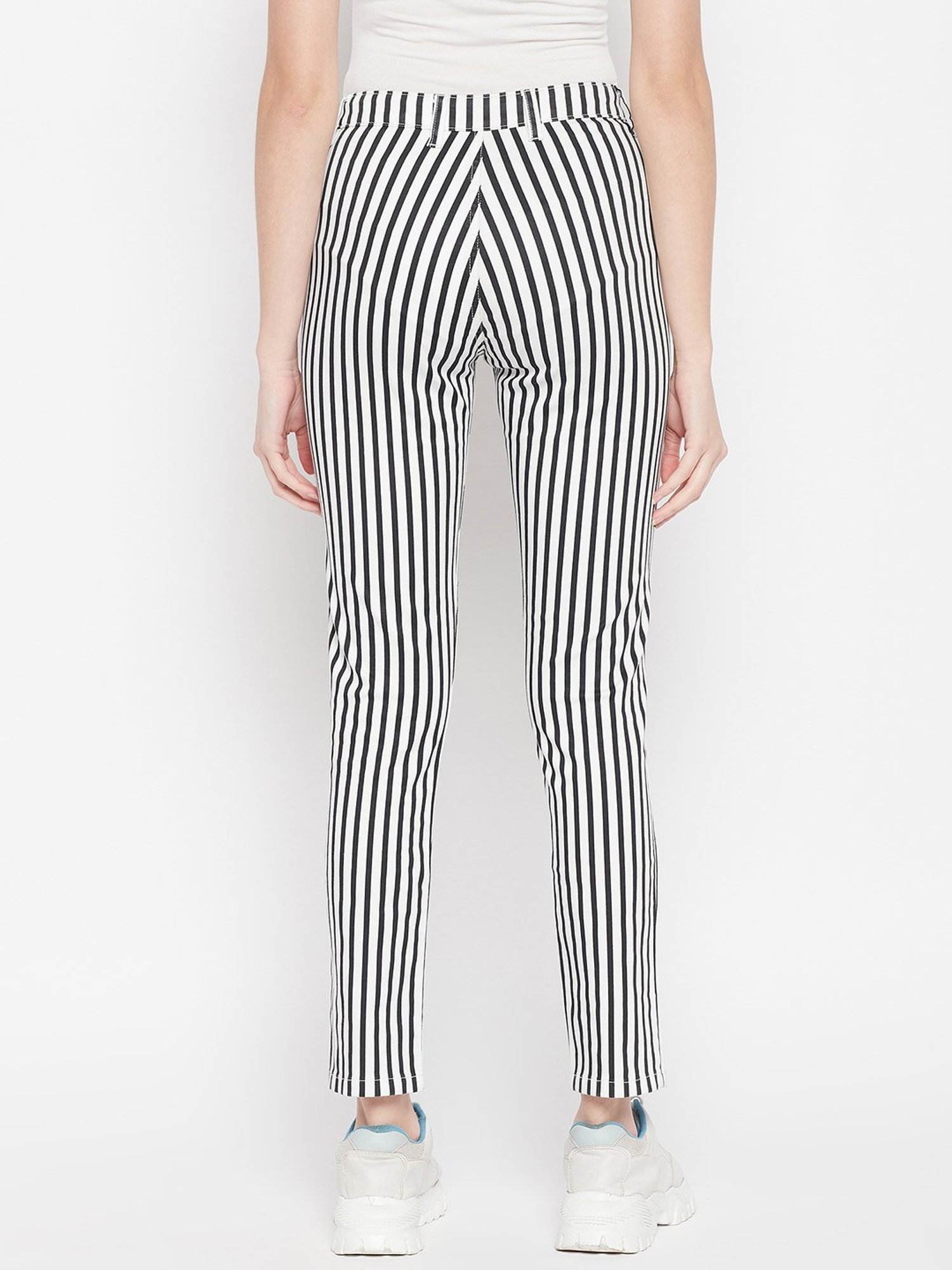 Crozo By Cantabil White Striped Regular Fit Mid Rise Trousers