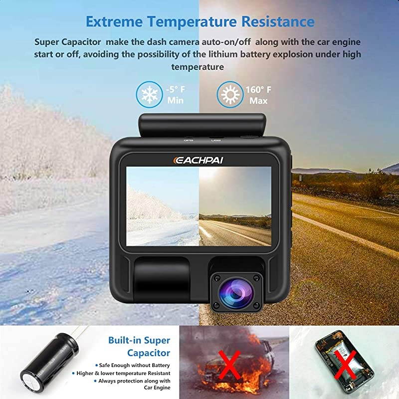 Dash Cam for Cars , EAHCPAI E100 Pro Dash Camera Dual Front and Rear with WI-FI, GPS, Motion Detection , Parking Monitor , G-Sensor , Loop Recording, WDR