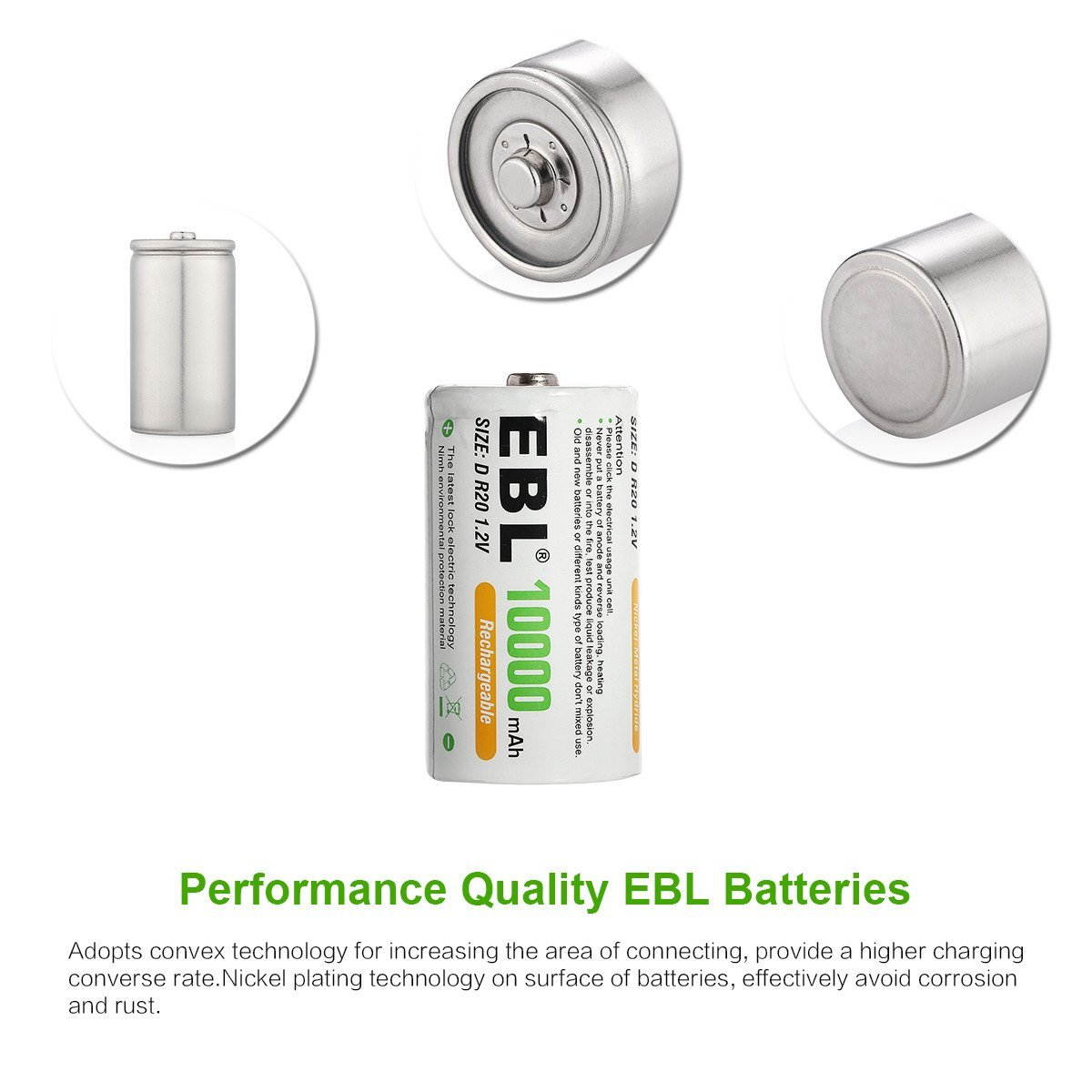 EBL 2 Pack D Size 10,000mAh High Capacity Ni-MH Rechargeable Batteries