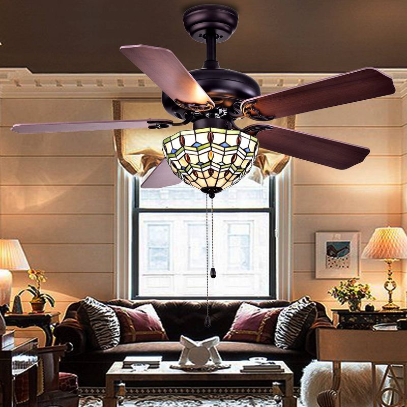 42" x 42" x 20" Doretta Tiffany Bowl 3 Light, 5 Blade Ceiling Fan Black/Amber - Warehouse of Tiffany